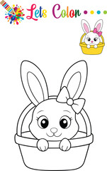 Charming Easter bunny in a basket filled with eggs, perfect for kids' coloring activities and preschool fun.

