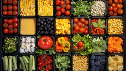A symphony of fresh ingredients: A vibrant grid showcases a cornucopia of fresh vegetables and grains, perfectly arranged in black containers, creating a captivating visual feast for the senses.