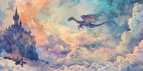 Naklejka premium A vibrant fantasy scene featuring a dragon soaring over a mystical castle amidst colorful clouds.
