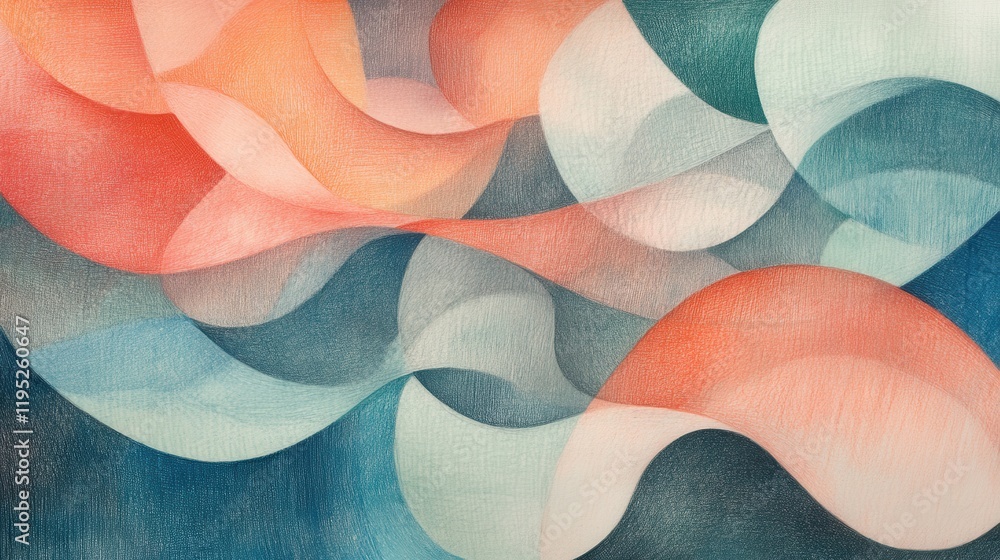 Poster soft coral and teal abstract composition created with pencil strokes showcasing depth and fluidity