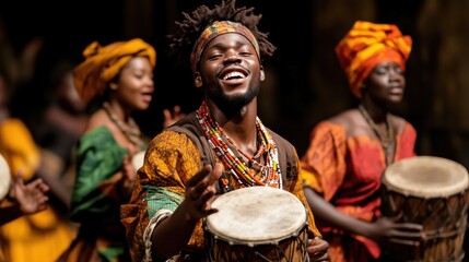 Energetic drummers play lively rhythms while dressed in colorful traditional attire