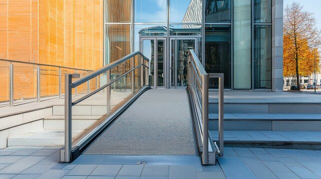 Wheelchair ramp and automatic doors at the entrance of a modern building, showcasing accessible design