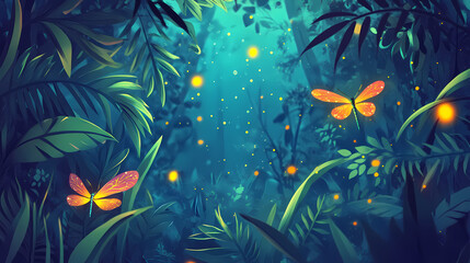 Fireflies in the forest invertebrate vegetation outdoors. Fireveil. Illustration