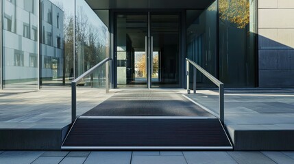 Wheelchair ramp and automatic doors at the entrance of a modern building, showcasing accessible design