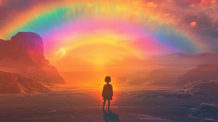 Obraz premium Child stands in a surreal desert landscape illuminated by radiant rainbows and vibrant colors at sunset