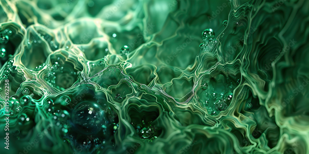 Poster digital rendering: abstract green form with bubbles