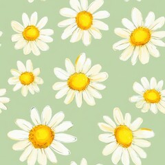 Vibrant watercolor doodle pattern with cheerful daisy motifs on a pale green background