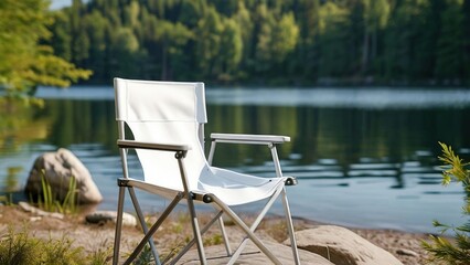 Fototapeta premium A serene lakeside scene featuring a white folding chair on a rock by the water's edge, surrounded by trees
