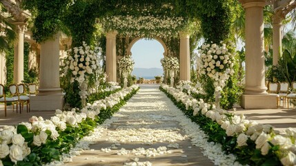 Close-up of a lavish wedding aisle lined with white roses and greenery, creating an enchanting atmosphere