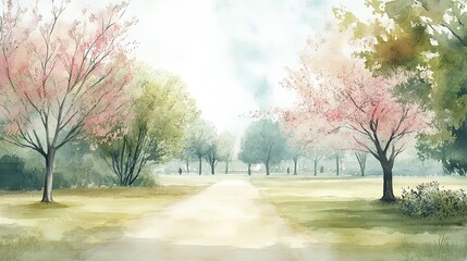 Naklejka premium Serene Spring Park Watercolor Landscape