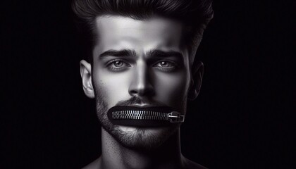 A man with a zipped mouth isolated on black background