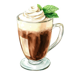 A watercolor vector of a choco-mint latte, isolated on a white background. Latte vector.
