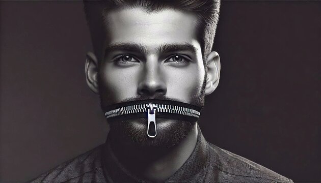 A man with a zipped mouth isolated on black background