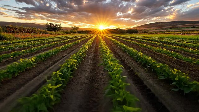 Sunrise over a lush green field with rows of crops stretching towards the horizon