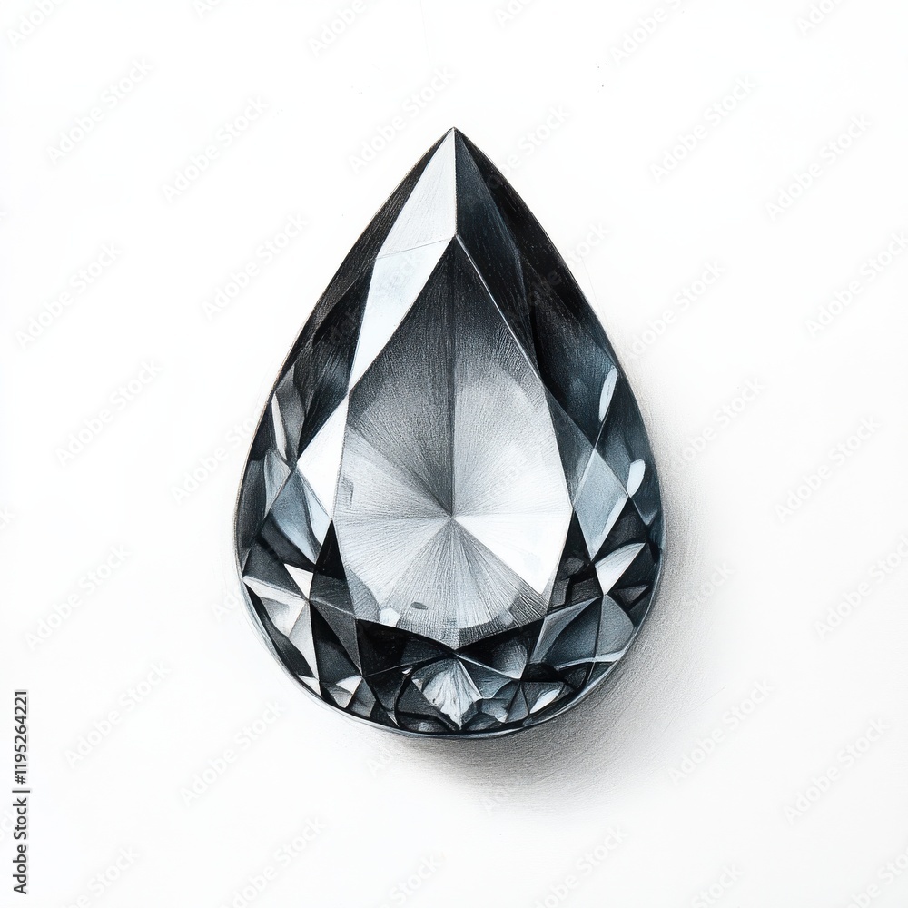 Poster Detailed rendering of a teardrop-shaped gemstone with soft pencil shading on a white background displaying intricate facets and reflections