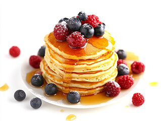 Buttermilk pancakes topped with berries and honey