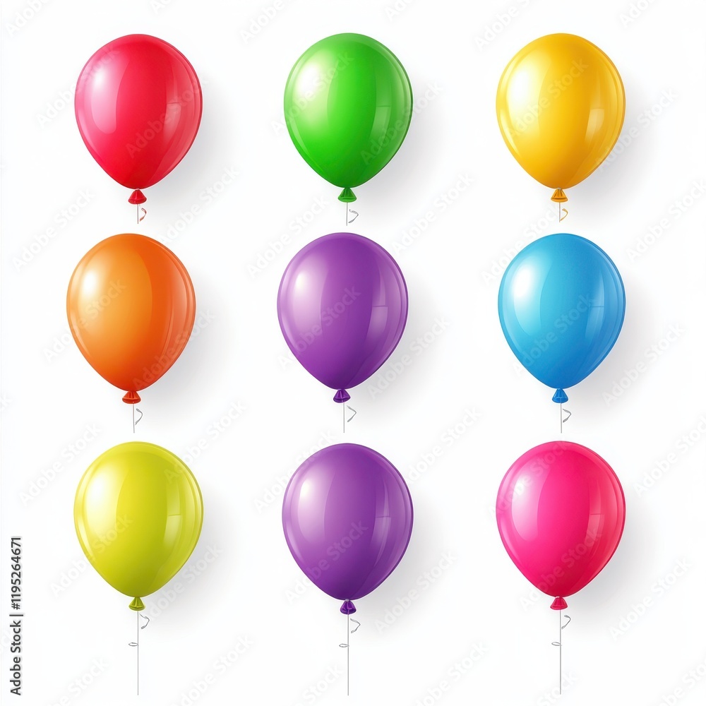 Poster vibrant collection of balloons in various colors arranged flat on a white background for festive occ