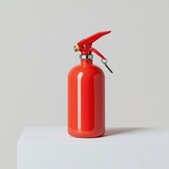 Bright red fire extinguisher with safety pin displayed on a clean white surface for safety awareness and fire prevention