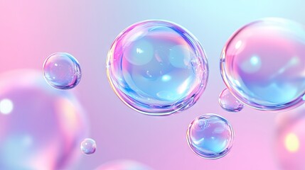 Naklejka premium Colorful pink and blue gradient background with delicate transparent soap bubbles gently floating, reflecting light in pastel tones.