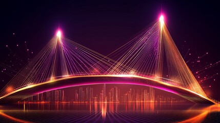 Obraz premium Futuristic Night View of a Bridge with Illuminated Towers and Vibrant Light Trails Over a City Skyline in a Multicolored Digital Art Style