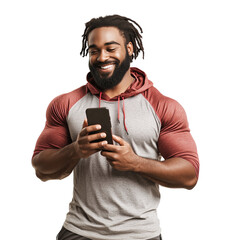 Man in gym clothes holding his phone and smiling after workout isolated on transparent background