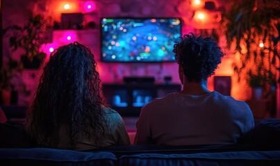 Fototapeta premium Evening gaming session cozy living room digital entertainment warm lighting rear view relaxation and connection