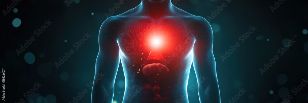 Poster glowing human torso with a prominent red focal point in the stomach region illuminated against a dar