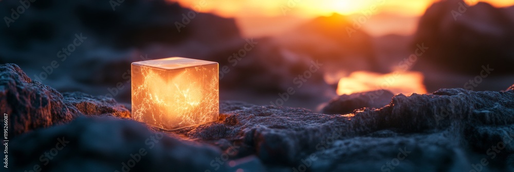 Poster a glowing single 3d cube resting on textured terrain illuminated by a sunset