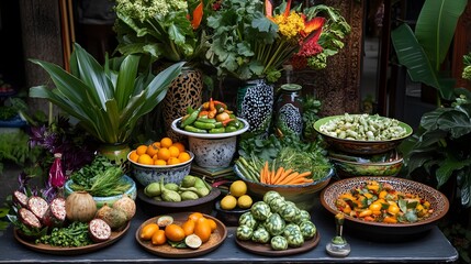 Fototapeta premium Vibrant Display of Fresh Vegetables and Fruits with Colorful Flowers in an Outdoor Market Setting
