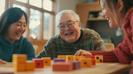 A mentally disabled adult in a supportive environment, engaging in a fun group activity