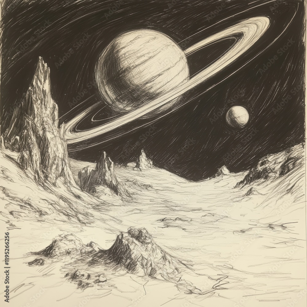 Poster ringed planet with moon and rocky landscape sketched in pencil on a celestial background
