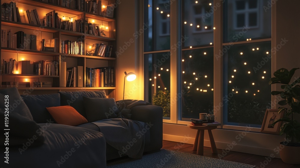 Aufkleber Cozy reading area with adjustable lamp and inviting string lights for a peaceful evening atmosphere