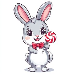 Obraz premium Cartoon rabbit holds red lollipop, wears bow tie; simple background; use for sweet treat or holiday ads