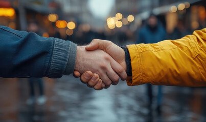 Business partnership handshake amidst urban environment professional interaction city street close-up view