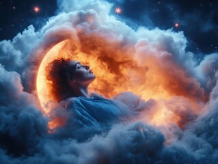 A serene woman appears nestled in swirling clouds under a glowing crescent moon