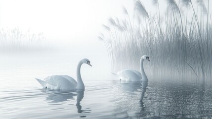 Fototapeta premium Two swans gliding over misty river.