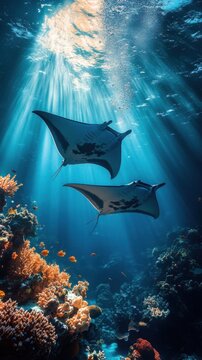Manta rays swimming over coral.