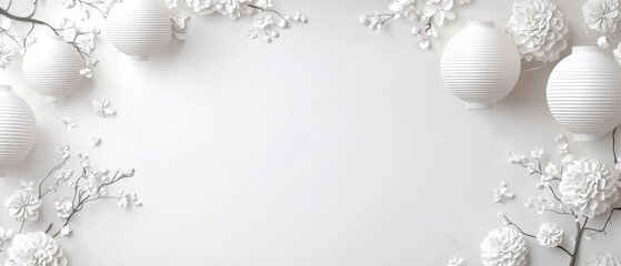 Delicate floral arrangement with white lanterns minimalist setting decorative design calm atmosphere top view serenity