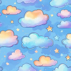 Cheerful watercolor pattern with playful doodle clouds and stars in pastel tones