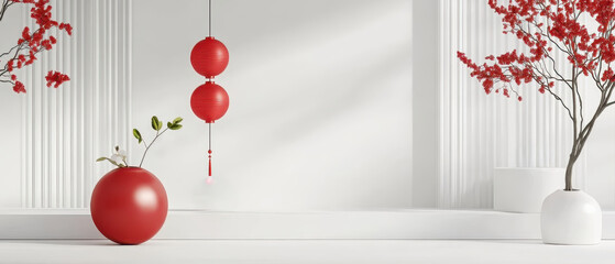 Elegant red lanterns and floral decor in minimalist white space contemporary interior design tranquil ambiance