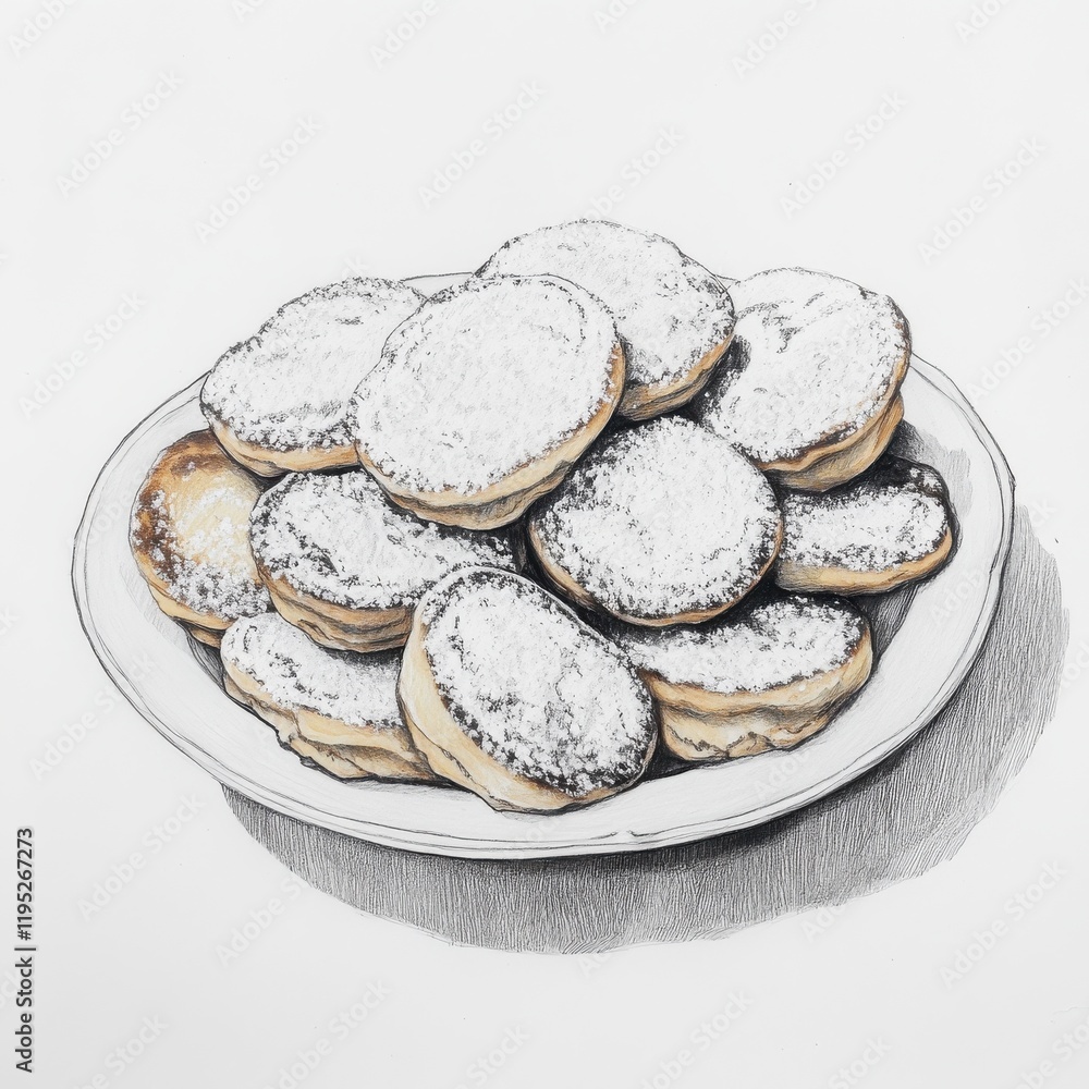 Poster delightful mini pancakes adorned with powdered sugar on a simple plate captured in a pencil drawing
