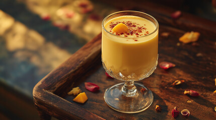 A glass of mango lassi served in a traditional tumbler
