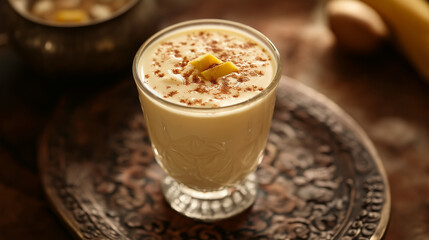 A glass of mango lassi served in a traditional tumbler