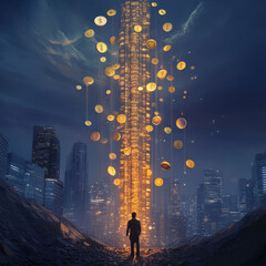 Fototapeta premium Entrepreneur standing before glowing skyscraper with floating coins, symbolizing wealth and ambition in futuristic city