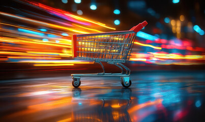 Dynamic shopping cart in motion city streets digital art vibrant nightlife low angle urban consumerism