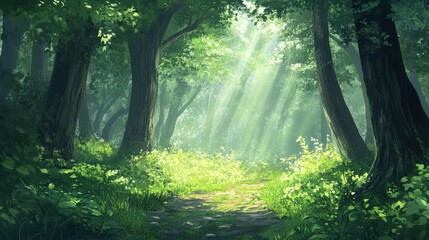 Obraz premium Discover tranquility on a serene nature walk through a lush, sunlit forest with vibrant greenery and dappled light