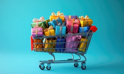 Exciting shopping event colorful gift packages in a cart studio background visual content cheerful atmosphere