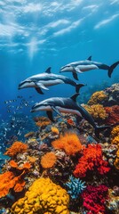 Three dolphins swimming near colorful coral.