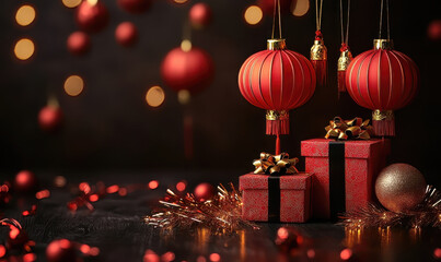 Festive lanterns and gifts indoor celebration holiday decor cozy atmosphere close-up view cultural significance