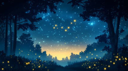 A mystical forest with fireflies illuminating the night. Fireveil. Illustration
